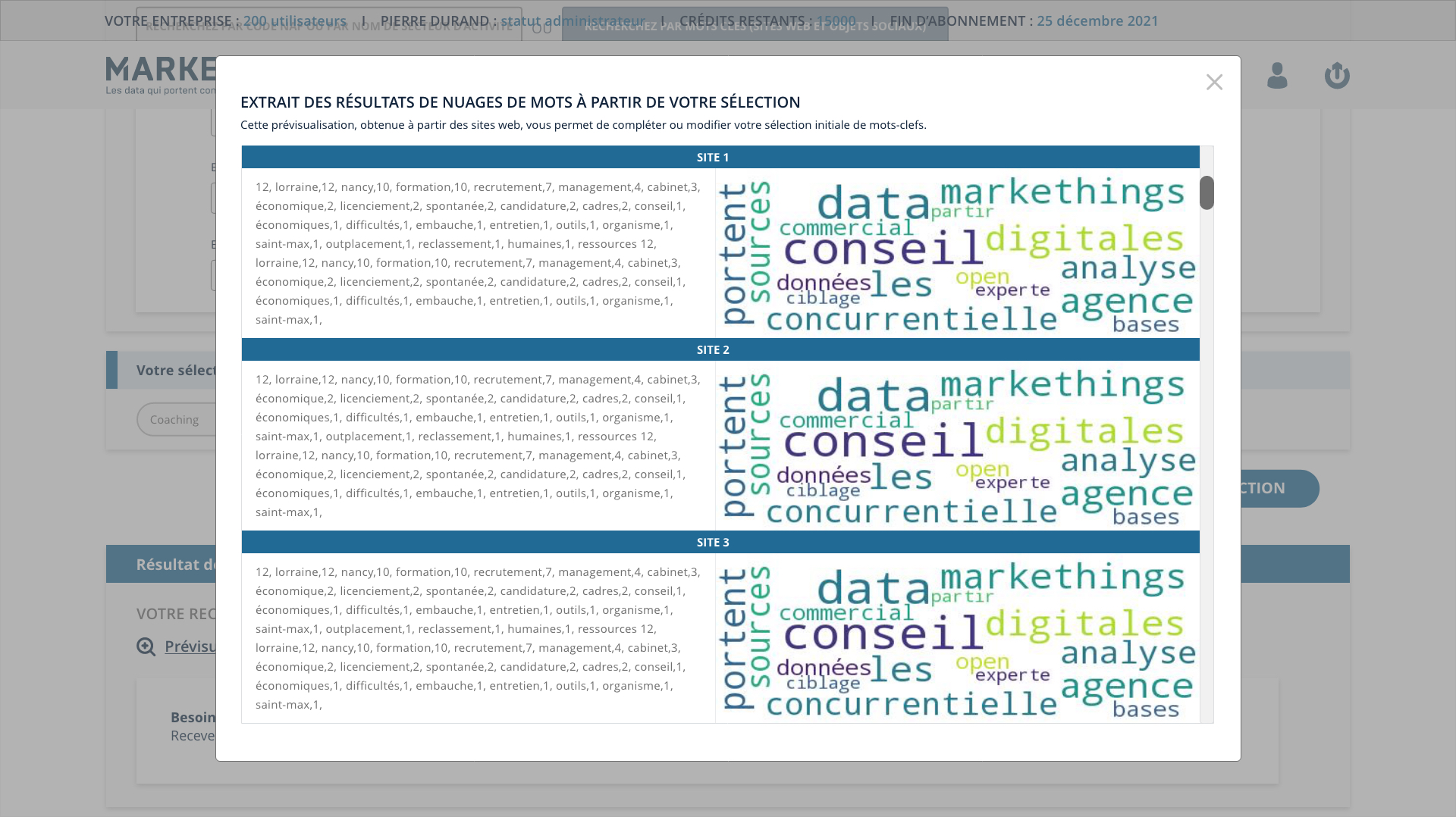 Markethings platform keyword results